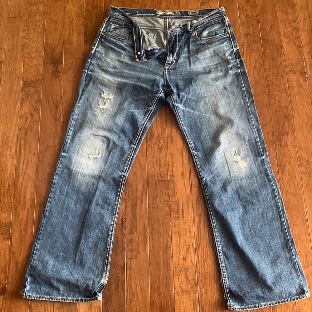 BKE mens blue jeans with distress